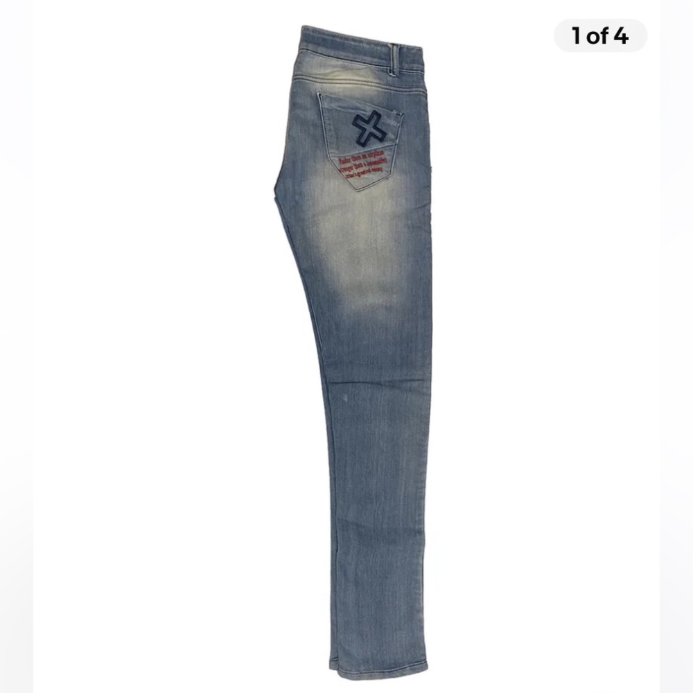 free soul men jeans size 34X34 skinny vintage fit blue stone wash stretch embroi
